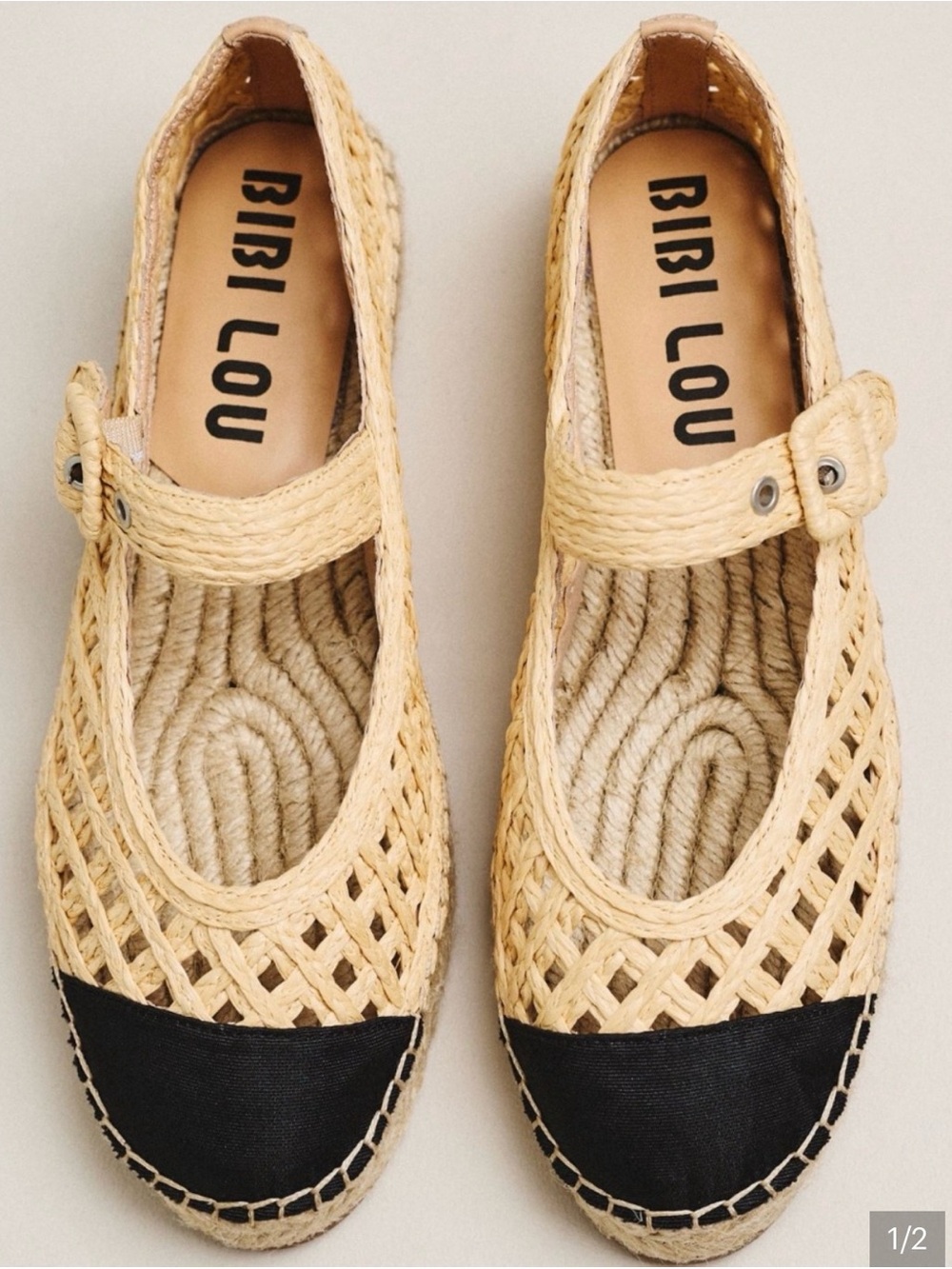 Beige Woven Espadrille Mary Jane with Black Toe